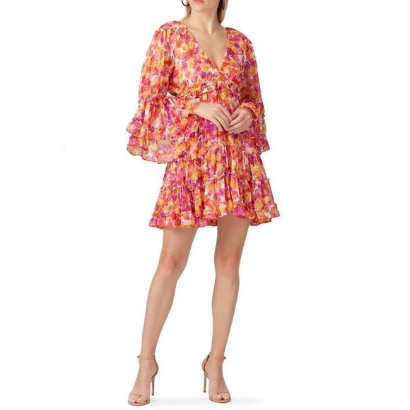 MISA Los Angeles Yasemin Bright Pink Orange Yellow Floral Chiffon Bell Sleeve Mi - Picture 4 of 16